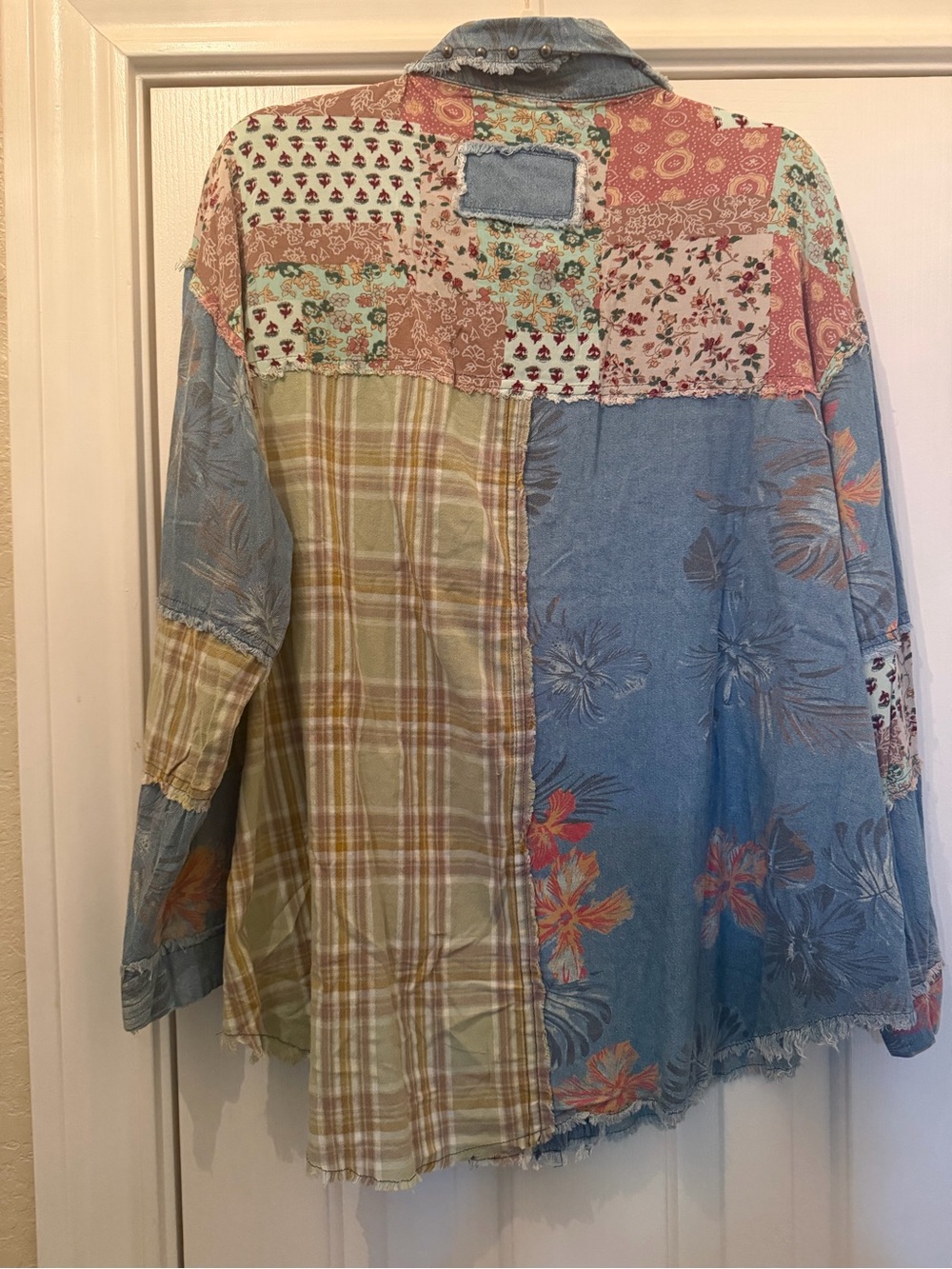POL Patchwork Light Blue Denim Jacket with Floral & Plaid Accents - Picture 14 of 14